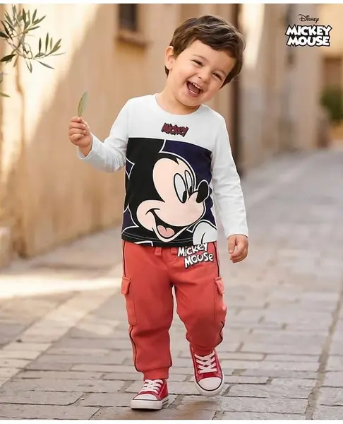 Babyhug Disney Single Jersey Knit Full Sleeves Cut & Sew T-Shirt & Lounge Pant Set with Mickey Mouse Graphics - Multicolor