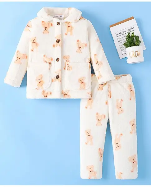 Mark & Mia Full Sleeves Winter Wear Night Suit With Animal Print - Beige