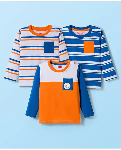 Babyhug 100% Cotton Knit Full Sleeves T-Shirt with Stripes & Pocket Pack of 3 - Blue White & Orange