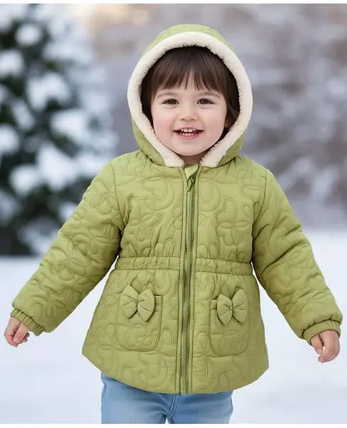 Babyhug Woven Full Sleeves Hooded Winter Jacket with Bow Applique & Embroidery - Light Green