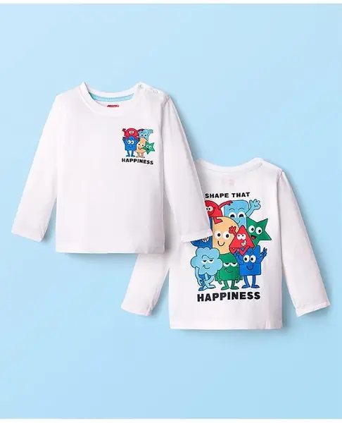 Babyhug 100% Cotton Knit Full Sleeves T-Shirt with Happiness Text Print on Front & Back - White