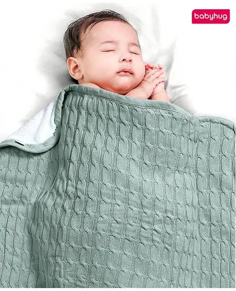 Babyhug Premium Cotton Knitted & Fur All Seasons Blanket - Mint Green