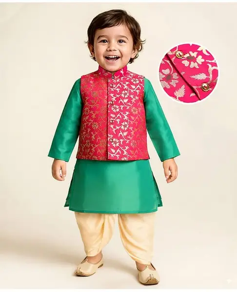 Earthy Touch Woven Full Sleeves Kurta & Dhoti Set With Floral Foil Printed Jacket - Teal Blue & Dark Pink