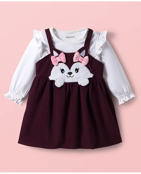 Babyoye 100% Cotton Woven Full Sleeves Frock With Inner Tee & Animal Face Embroidery - White & Maroon