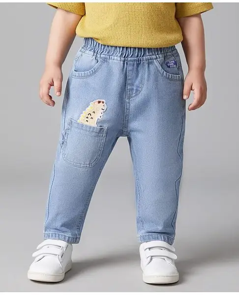 Little Kangaroos Full Length Washed Denim Jeans with Dino Patch Detailing - Light Blue
