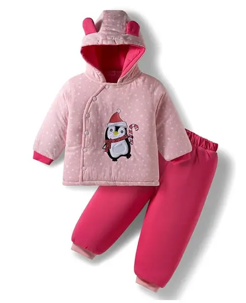 Babyhug Cotton Knit Full Sleeves Hooded Winter Wear Top & Lounge Pant Set With Penguin Embroidery Patch &  Star Print - Pink