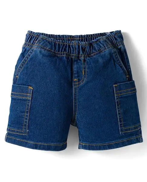 Bonfino Cotton Woven Knee Length Washed Denim Shorts with Pocket Detail - Blue