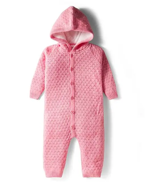 Babyhug Knit  Full Raglan Sleeves Hooded Winter Romper - Pink