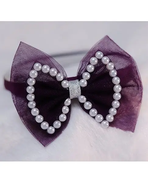 BABY Charm Pearls Embellished Double Bow Applique Detailed Headband - Wine