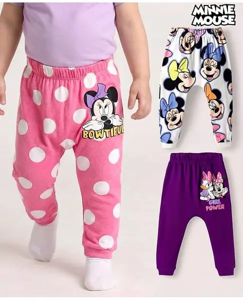Babyhug Disney Interlock Knit Full Length Diaper Leggings With Minnie Mouse & Family Graphics Pack of 3 - White Pink & Purple