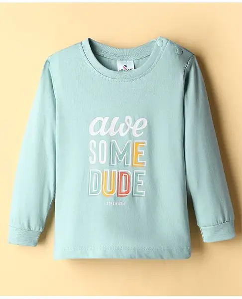 Ollypop Sinker Knit Full Sleeves T-Shirt with Awesome Dude Text Print - Light Blue