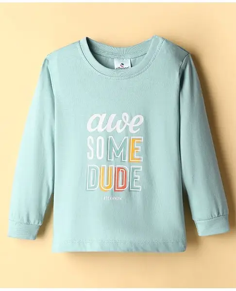 Ollypop Sinker Knit Full Sleeves T-Shirt with Awesome Dude Text Print - Light Blue