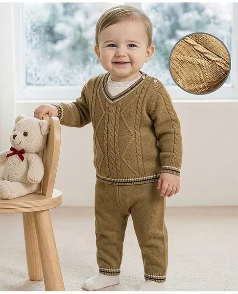 Babyoye Jacquard Knit Full Sleeves Sweater Set with Cable Knit Design - Beige