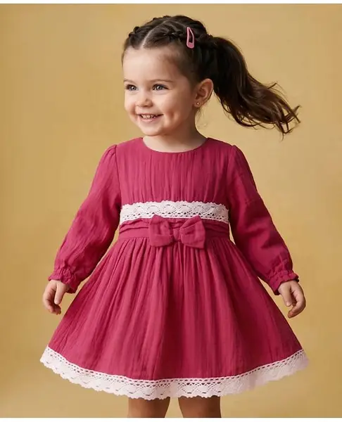 Babyoye Cotton Woven Full Length Frock With Bow Applique & Textured Print - Red