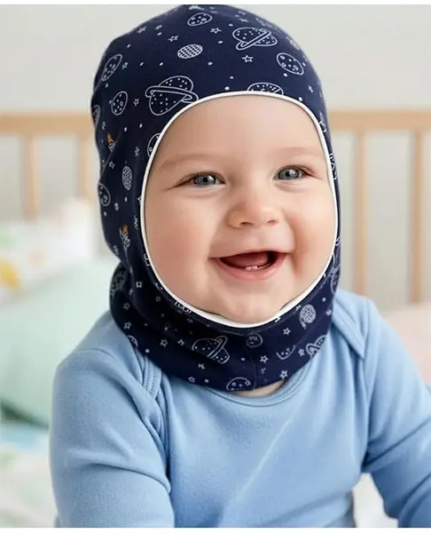 Babyhug Knit Reversible Monkey Cap With Space Theme Print Navy Blue - Diameter 10 cm