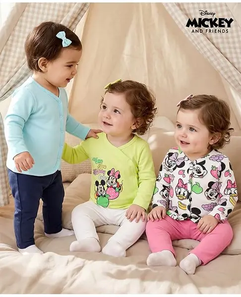 Babyoye Disney Interlock Knit Full Sleeves Front Open Jhablas with Minnie Mouse & Friends Graphic Pack of 3 - White Light Blue & Light Green