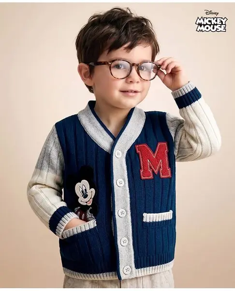 Babyhug Disney Woven Full Sleeves Front Open Sweater With Mickey Mouse Graphics - Navy Blue