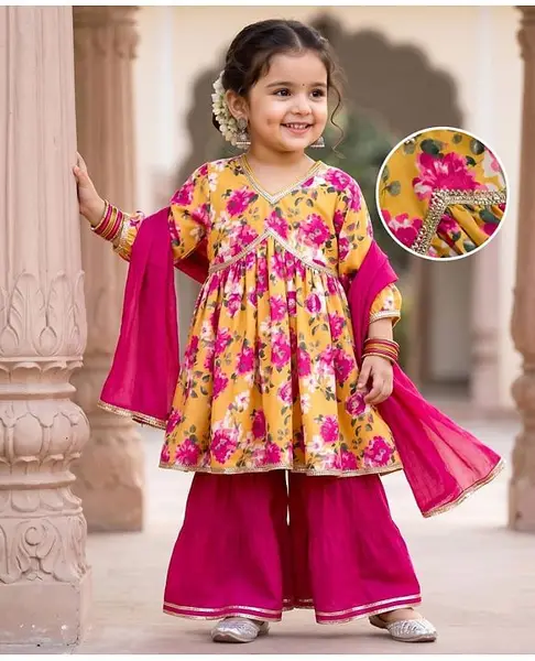 Babyhug Cambric Woven Full Sleeves Kurti Palazzo & Dupatta Set With Floral Print - Yellow & Pink