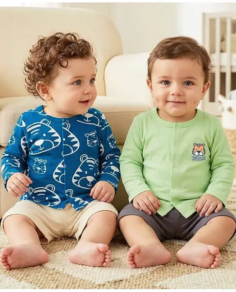 Babyoye 100% Cotton Knit Full Sleeves Tiger Printed Jhablas Pack of 2 - Light Green & Blue