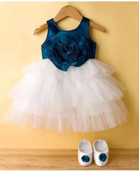 Bluebell Net Woven Sleeveless Party Frock With Floral Applique & Booties - Teal Blue
