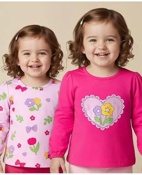 Babyoye 100% Cotton Knit With Eco Jiva Finish Full Sleeves T-Shirts With Floral Print Pack of 2 -  Dark Pink & Pink