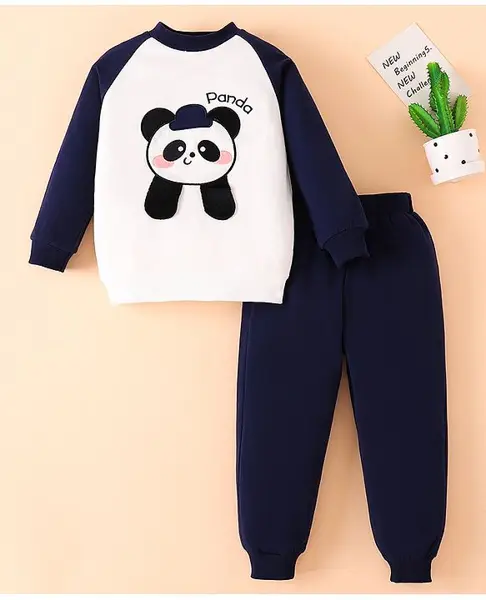 Mark & Mia Cotton Full Raglan Sleeves Winter Wear Suits with Panda Print - White & Navy Blue