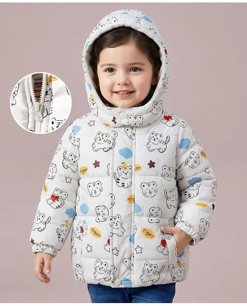 Mark & Mia Woven Full Sleeves Hooded Padded Jacket With Tiger Print & Pockets - White