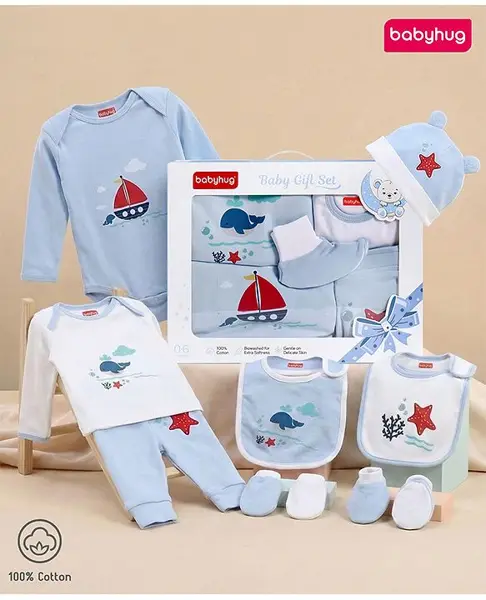 Babyhug Premium 100 % Cotton New Born Clothing Gift Set Sea Breeze Theme Blue - Pack of 8