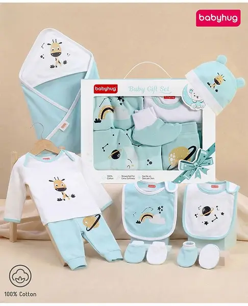 Babyhug Premium 100 % Cotton New Born Clothing Gift Set Giraffe Theme Sea Green - Pack of 8