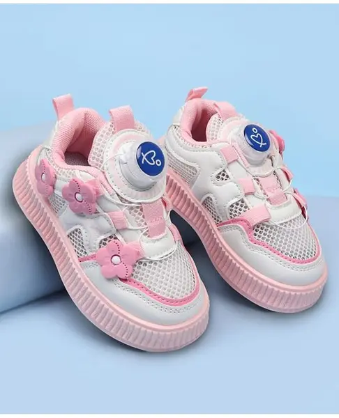 Babyoye Slip On Casual Shoes with Floral Applique - White & Pink