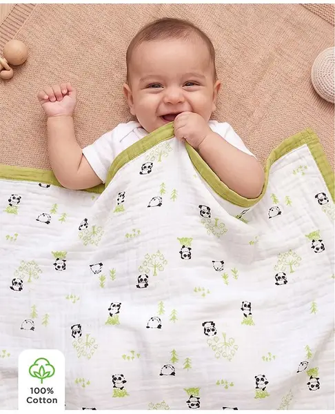 Babyhug 6 Layer Muslin Baby Blanket with Contrast Wide Edge Panda Print - Green