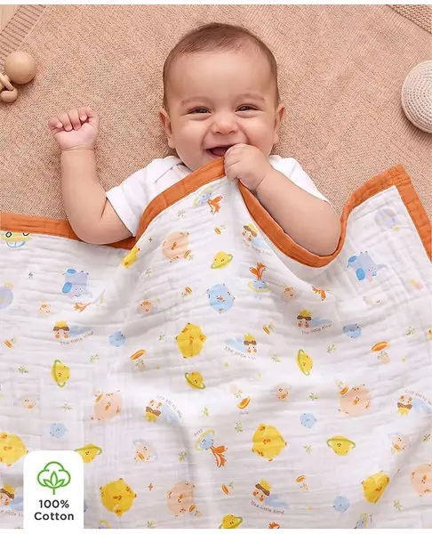 Babyhug 6 Layer Muslin Baby Blanket with Contrast Wide Edge Space Print Orange