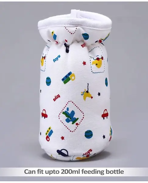 Babyhug Feeding Bottle Cotton Cover With Elastic Neck Car Print Medium - White