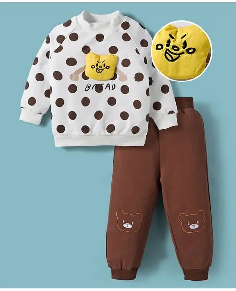Mark & Mia Full Sleeves Winter Wear T-Shirt & Joggers Set With Polka Dot & Bread Applique - Beige & Brown