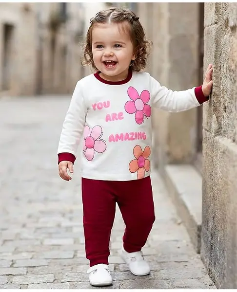 Babyoye 100% Cotton Knit with Eco Jiva Finish Full Sleeves Top & Joggers Set with Floral Print - White PInk & Maroon