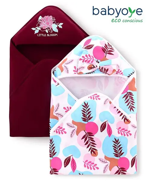 Babyoye 100% Cotton with Eco Jiva Finish Towel & Wrapper With Floral Print Pack of 2 L 80.5 x B 76 cm - Maroon & White