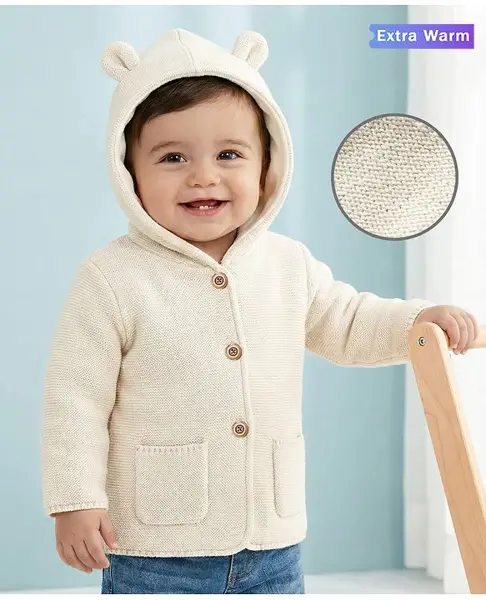 Babyoye 100% Cotton Knit Full Sleeves Front Open Sweater With Hood & Solid Dyed - Ivory