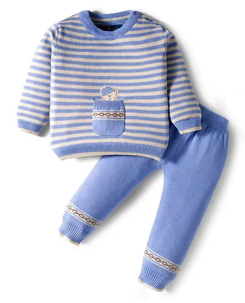 ToffyHouse Cotton Knit Full Sleeves Winter Wear Suits With Stripes & Bear Design - Lavender