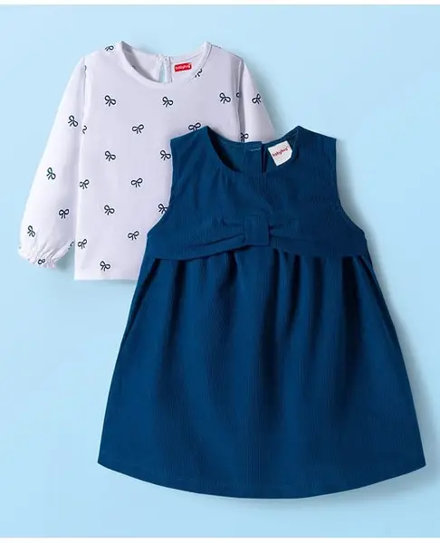 Babyhug Cotton Knit Frock with Full Sleeves Inner Tee & Bow Print - Navy Blue & White