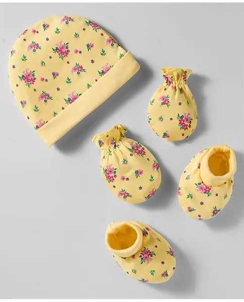 Babyhug 100% Cotton Interlock Knit Cap Mittens & Booties Set With Floral Print Yellow - Diameter 10 cm