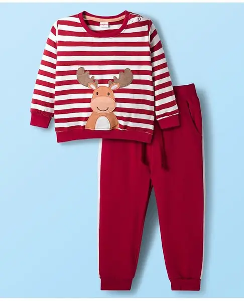 Babyhug Knit Premium Light Gauge Terry Full Sleeves T-Shirt & Lounge Pant with Stripe & Reindeer Patch - Maroon