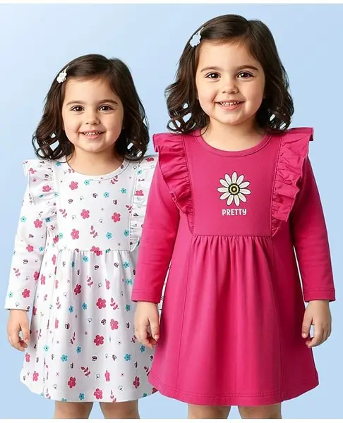 Doodle Poodle Cotton Knit Full Sleeves Frocks with Floral Print & Frill Detailing Pack Of 2- Dark Pink & White