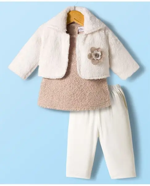Moms pet Fur Knit Full Sleeves Floral Applique Detailed Heavy Winter Jacket & Midi Dress With Leggings - Brown