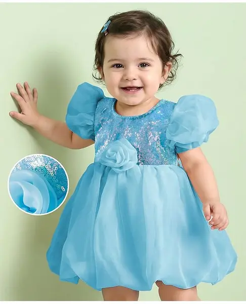 Mark & Mia Woven Half Puffed Sleeves Frock Style Party Onesie with Floral Applique & Sequin Detailing - Light Blue