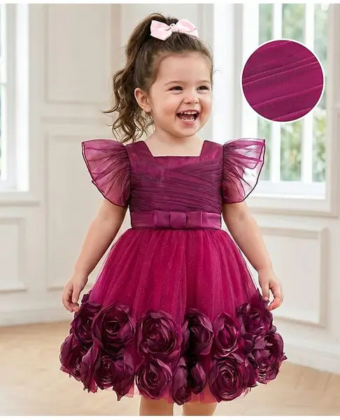 Mark & Mia Woven Flutter Sleeves Party Dress with Floral Applique - Wine