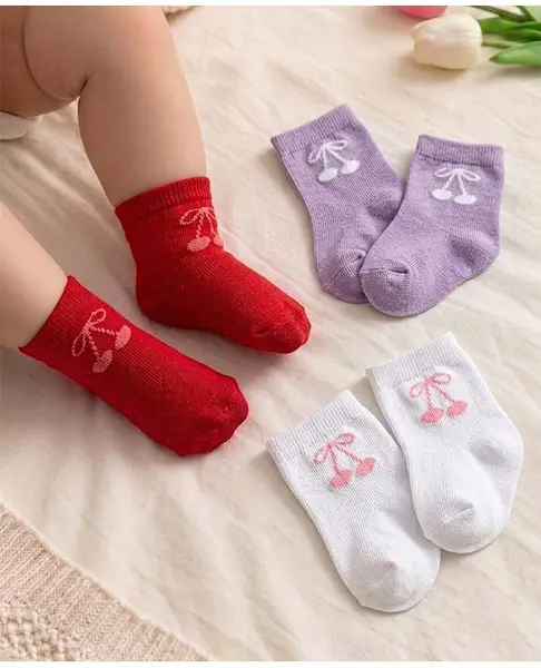Cute Walk by Babyhug Knit Ankle Length Anti Bacterial Socks with Cherry Design Pack of 3 - Red Purple & White