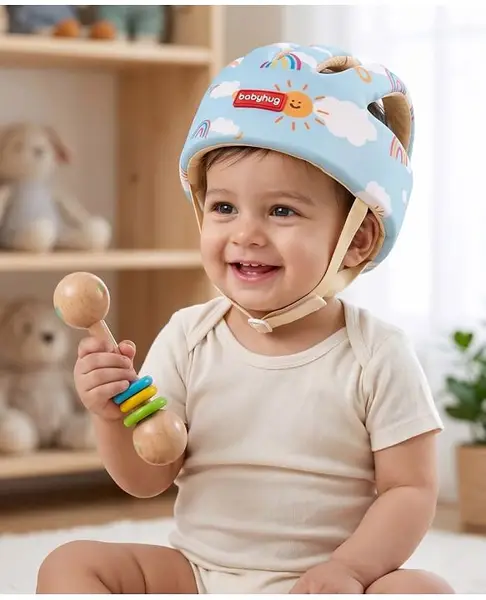 Babyhug Baby Safety Helmet with Rainbow Clouds & Sunshine Print