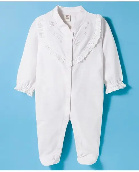 ToffyHouse Waffle Knit Full Sleeves Footed Sleep Suit with Floral Embroidery - Light Beige