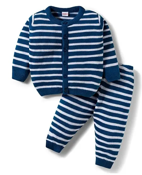 Babyhug Knitted Full Sleeves Striped Co-ord Sweater Set - Blue & White