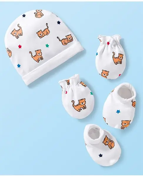 Babyhug 100% Cotton Knit Cap Mittens & Booties Set with Tiger Print White - Diameter 17 cm